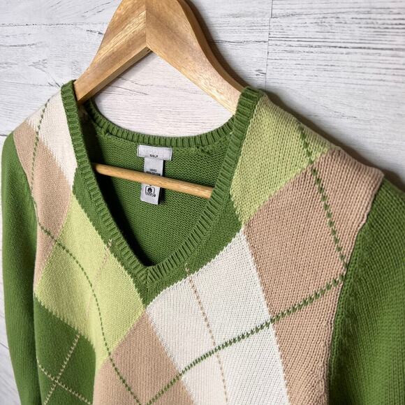 Izod Golf Sweater Womens Size Small Pink Beige & Green Argyle V Neck 100% Cotton - Picture 8 of 16